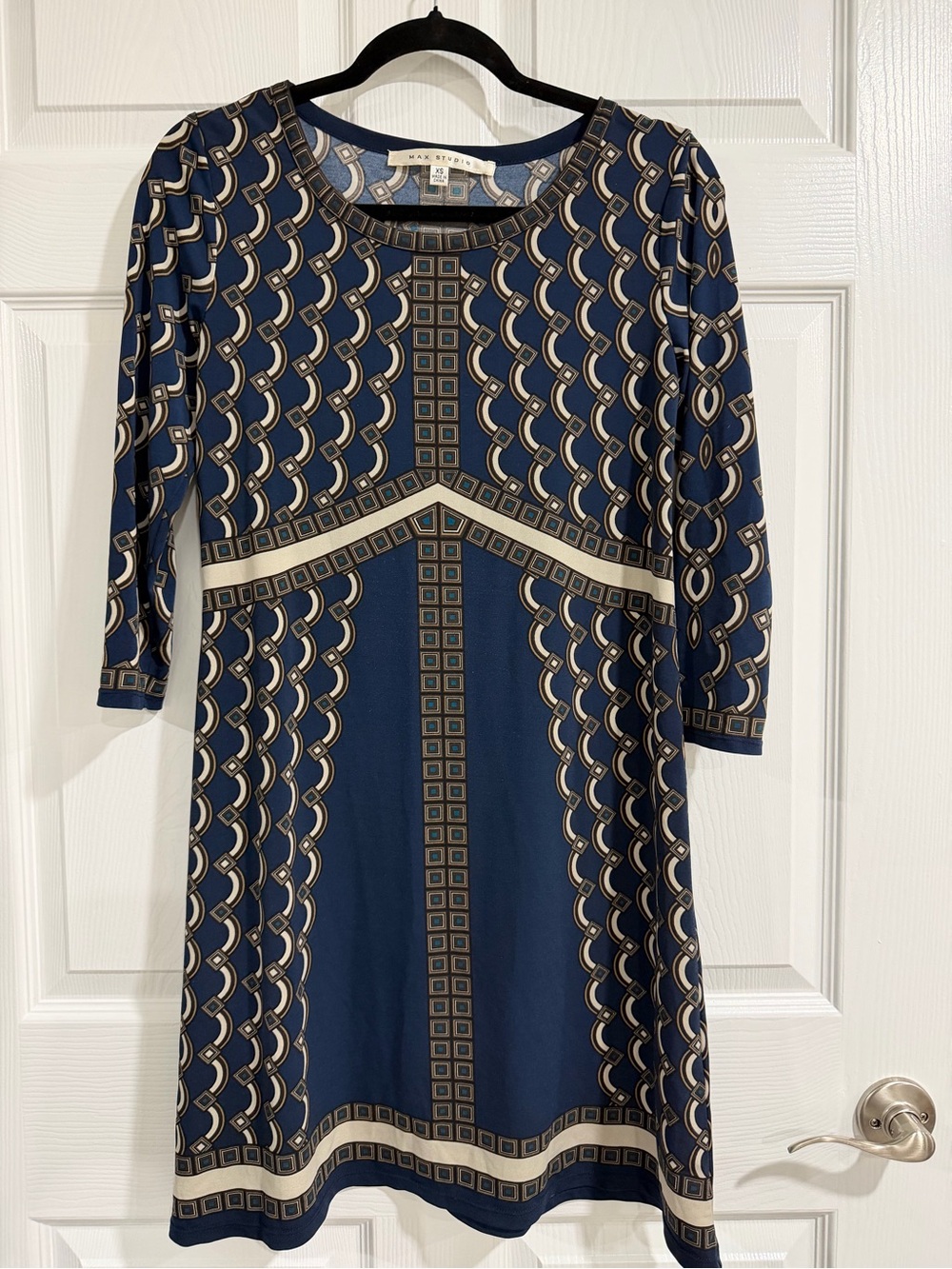 Max Studio Blue and Beige Geometric Midi Dress